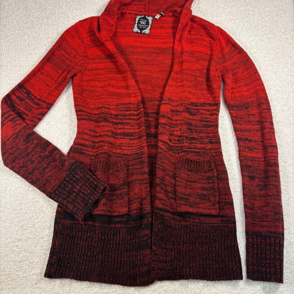 vintage 90s new yorks yoki y2k red black knit sweater hooded open cardigan goth